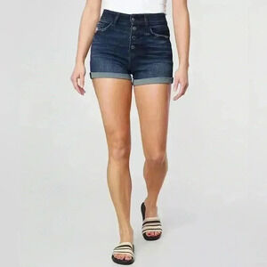 KanCan Kurvy Ultra High Rise Short Button-Fly Curvy Dark Wash Cuffed Distressed